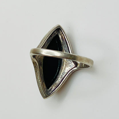 Back view of onyx ring showing solid silver mount