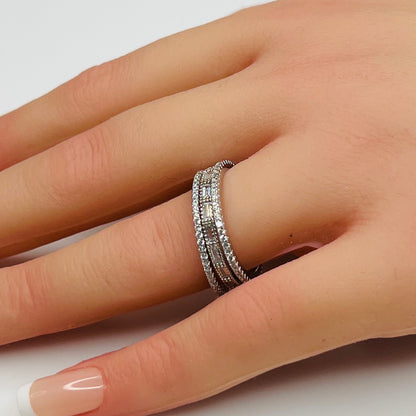 Sterling silver crystal ring trio stacked on hand