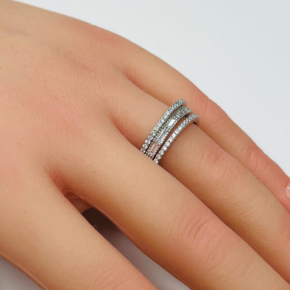 Sterling silver crystal ring trio stacked on hand