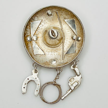 Sterling silver sombrero brooch with dangling Western charms – front view