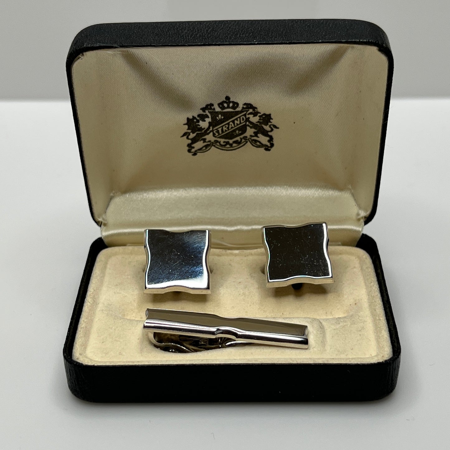 Vintage Swank Strand cufflink and tie clip set in original black and cream box