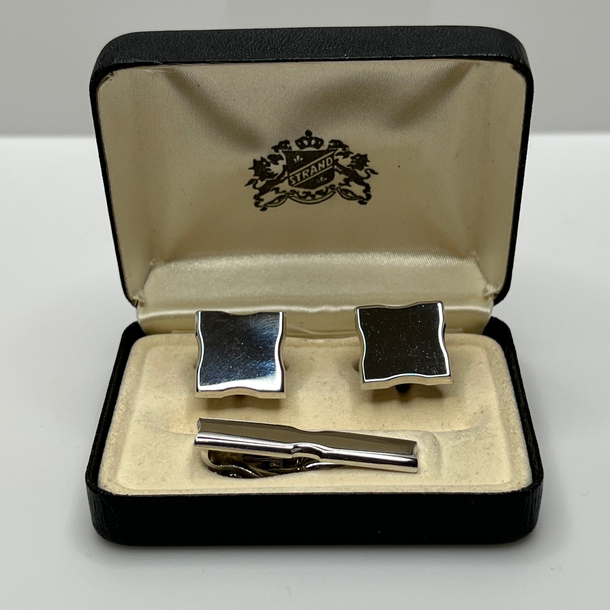 Vintage Swank Strand cufflink and tie clip set in original black and cream box