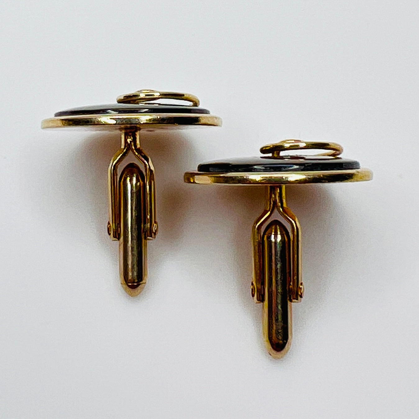 Round abalone cufflinks with gold swirl overlay, iridescent finish, 1960s Swank design
