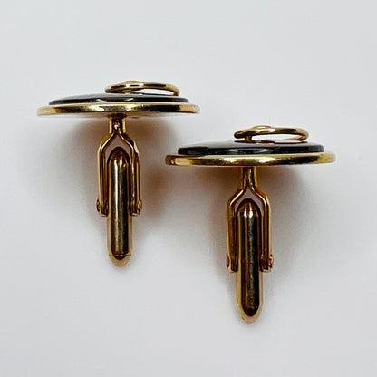 Round abalone cufflinks with gold swirl overlay, iridescent finish, 1960s Swank design