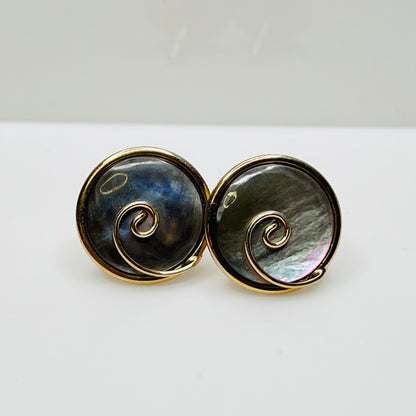 Round abalone cufflinks with gold swirl overlay, iridescent finish, 1960s Swank design