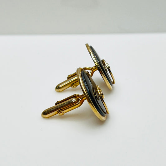 Round abalone cufflinks with gold swirl overlay, iridescent finish, 1960s Swank design