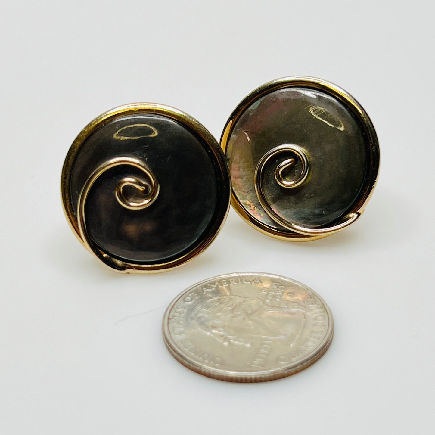 Round abalone cufflinks with gold swirl overlay, iridescent finish, 1960s Swank design