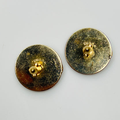 Round abalone cufflinks with gold swirl overlay, iridescent finish, 1960s Swank design