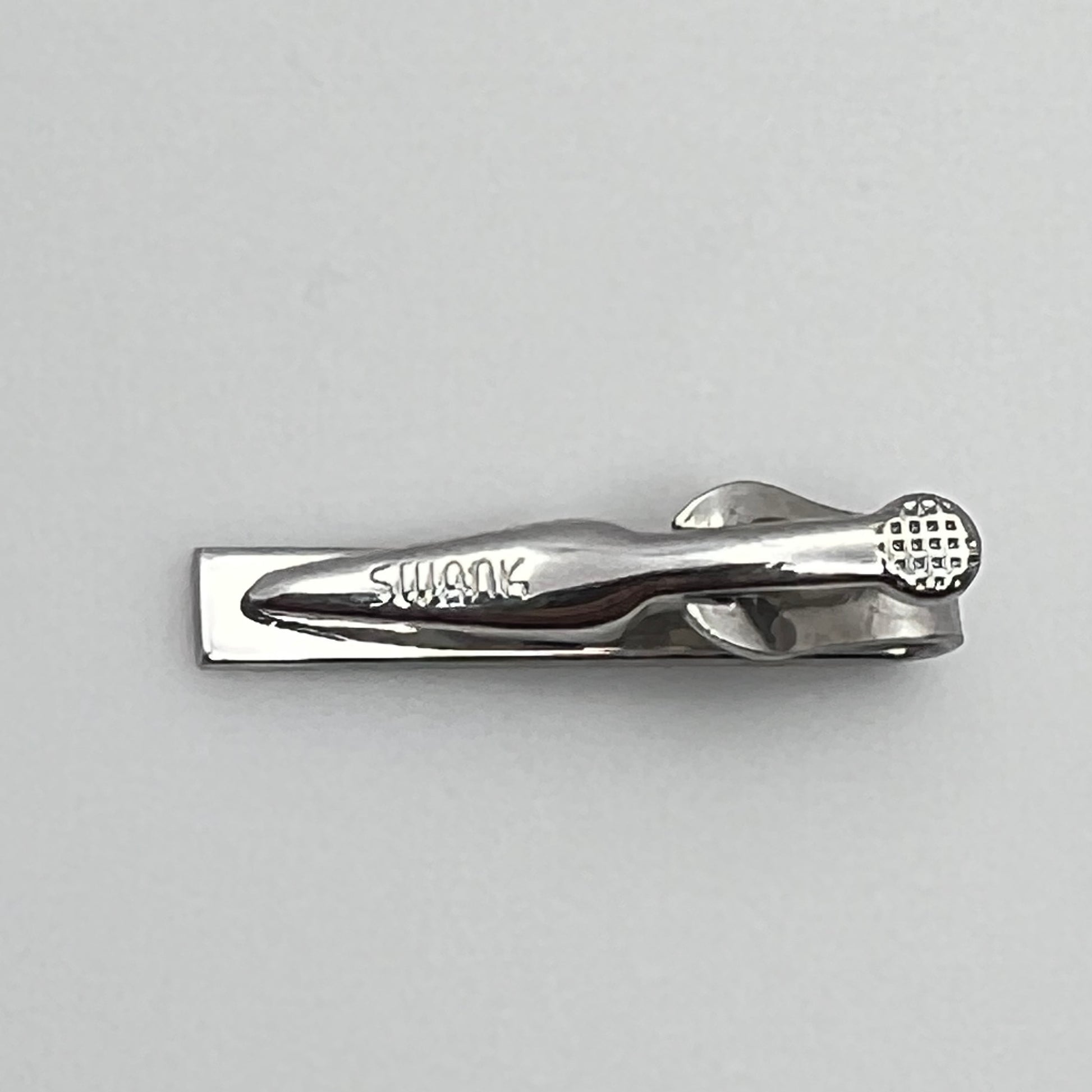 Brushed silver-tone Swank tie clip with etched fanburst detail, Mid-Century style