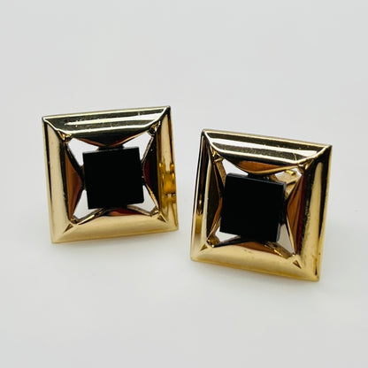 Gold-tone square cufflinks with black glass center, 1960s Mid-Century Modern style