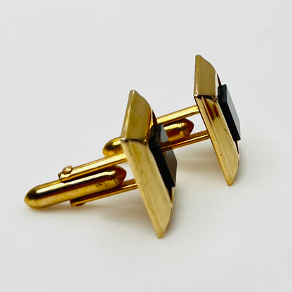 Side view Gold-tone square cufflinks with black glass center, 1960s Mid-Century Modern style
