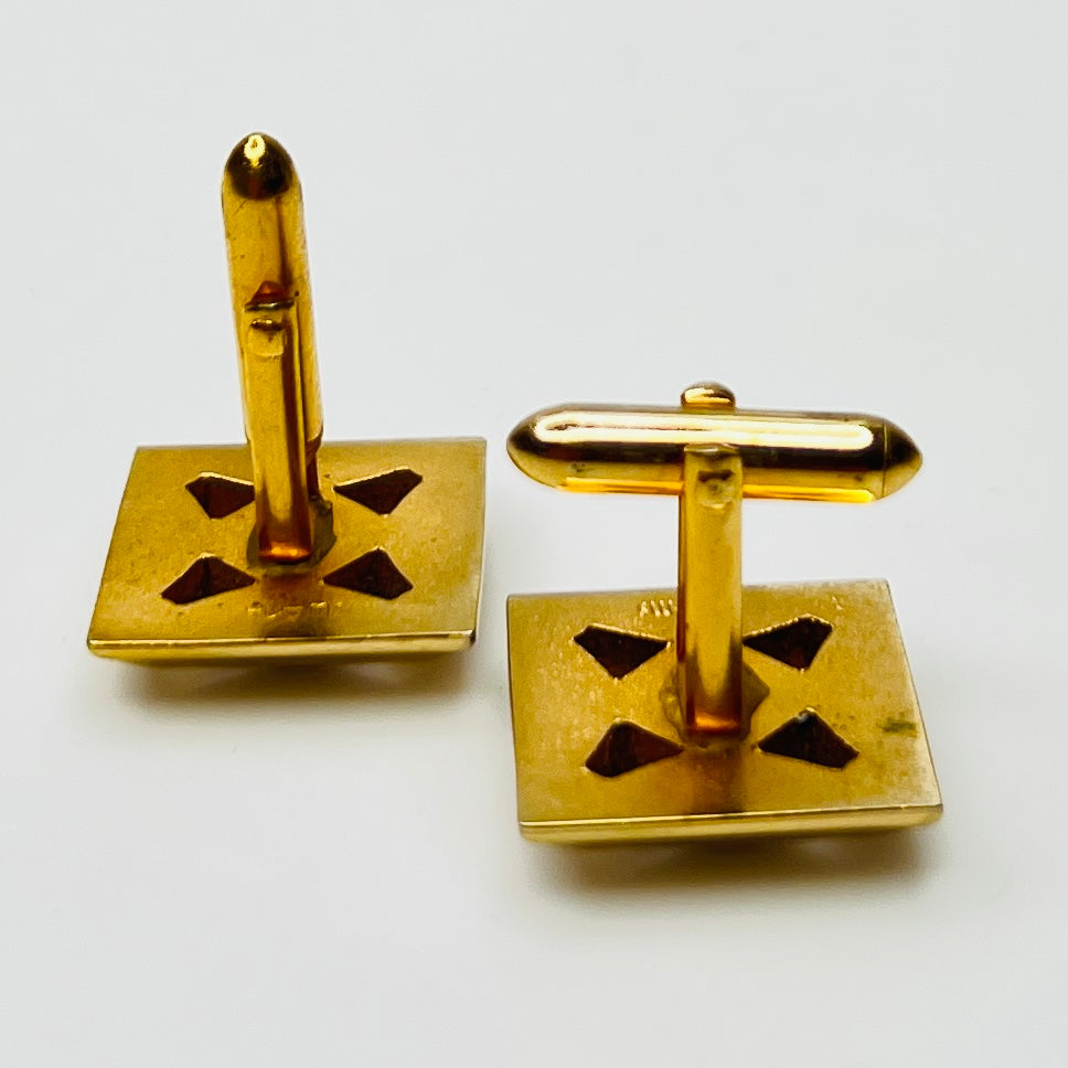 Back View Gold-tone square cufflinks with black glass center, 1960s Mid-Century Modern style