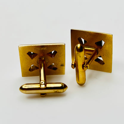 Back View Gold-tone square cufflinks with black glass center, 1960s Mid-Century Modern style