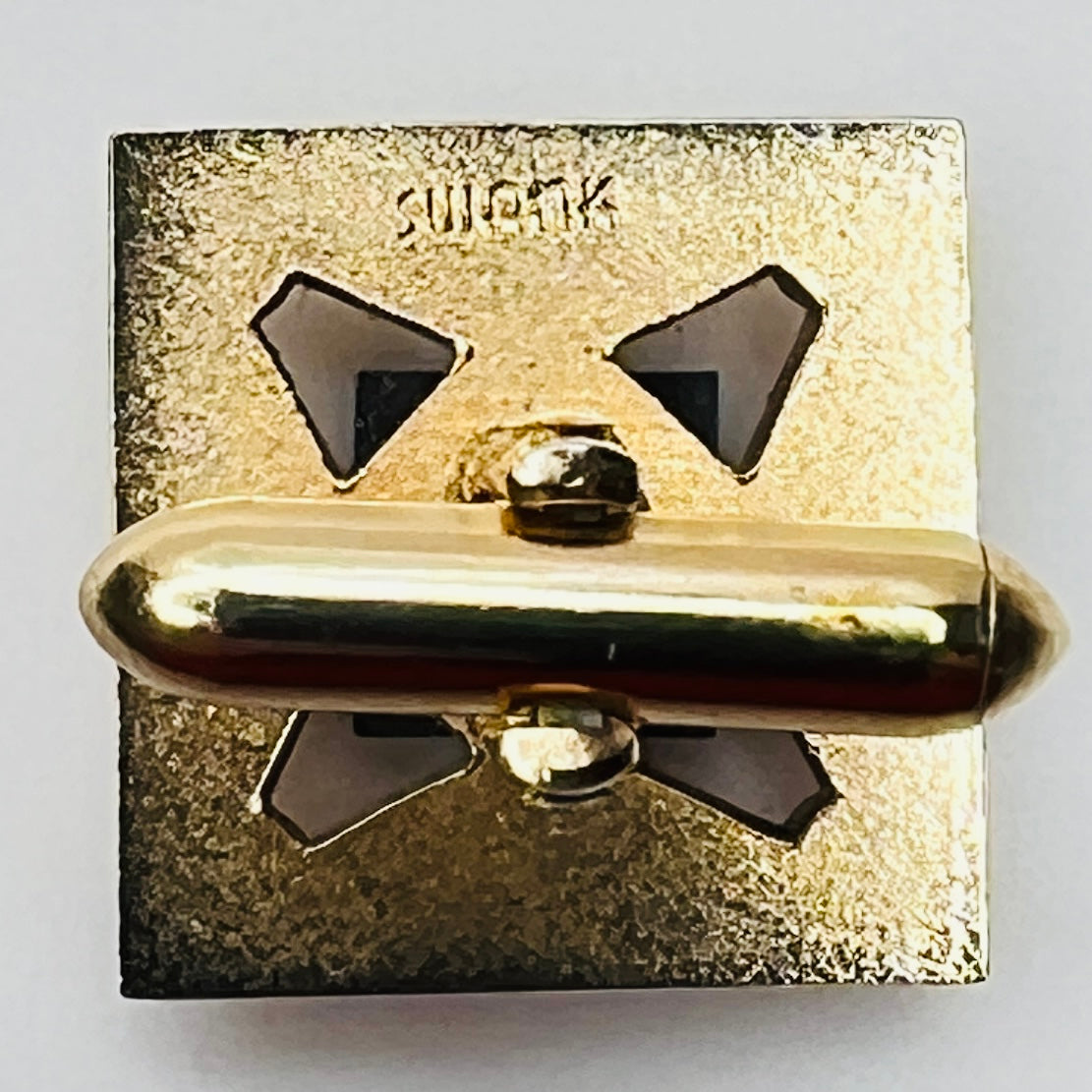 Gold-tone square cufflinks with black glass center, 1960s Mid-Century Modern style with swank stamp