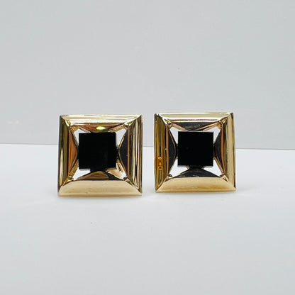 Gold-tone square cufflinks with black glass center, 1960s Mid-Century Modern style