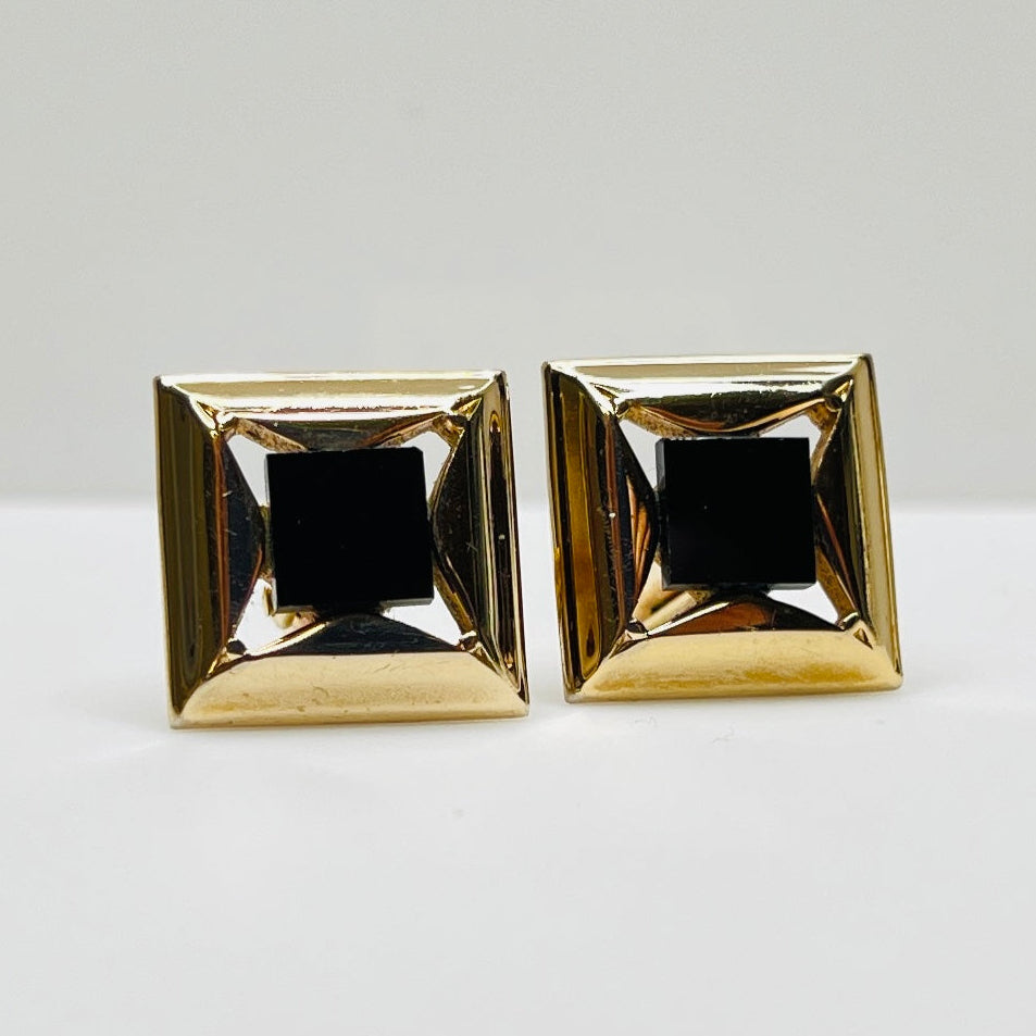 Gold-tone square cufflinks with black glass center, 1960s Mid-Century Modern style