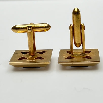 Gold-tone square cufflinks with black glass center, 1960s Mid-Century Modern style