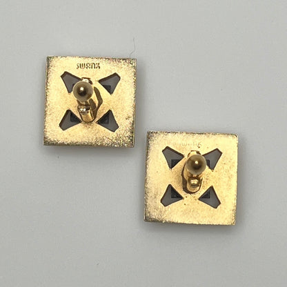 Gold-tone square cufflinks with black glass center, 1960s Mid-Century Modern style