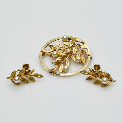 Van Dell gold-filled pearl brooch and earring set