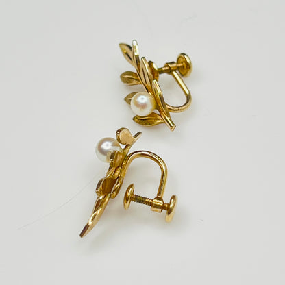 Van Dell screw-back earrings with pearl accents and gold leaf design