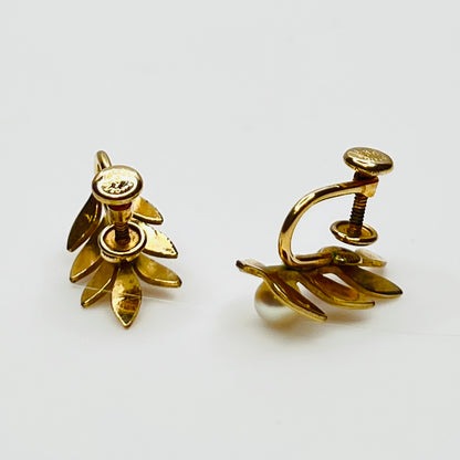 Van Dell screw-back earrings with pearl accents and gold leaf design