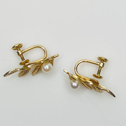 Van Dell screw-back earrings with pearl accents and gold leaf design