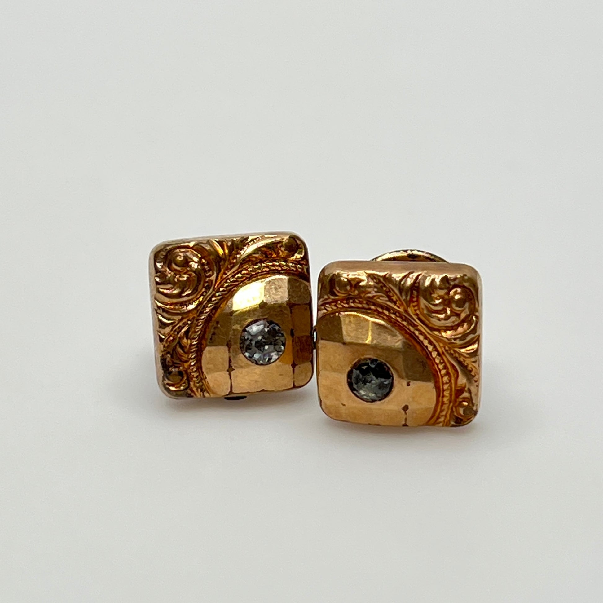 Antique rose gold-tone cufflinks with paste stone and scrollwork, stamped Pat Dec 1883