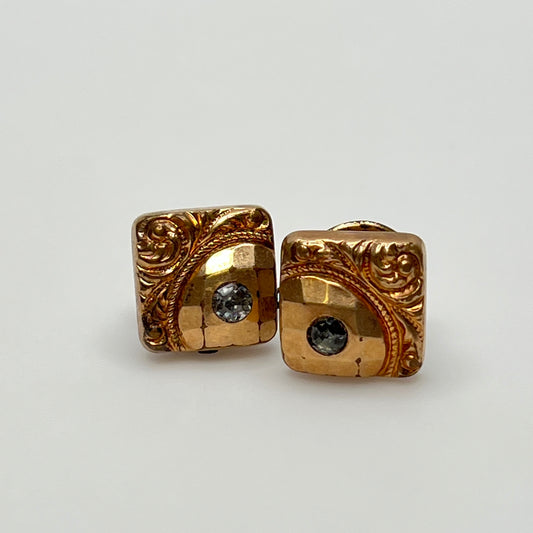 Antique rose gold-tone cufflinks with paste stone and scrollwork, stamped Pat Dec 1883
