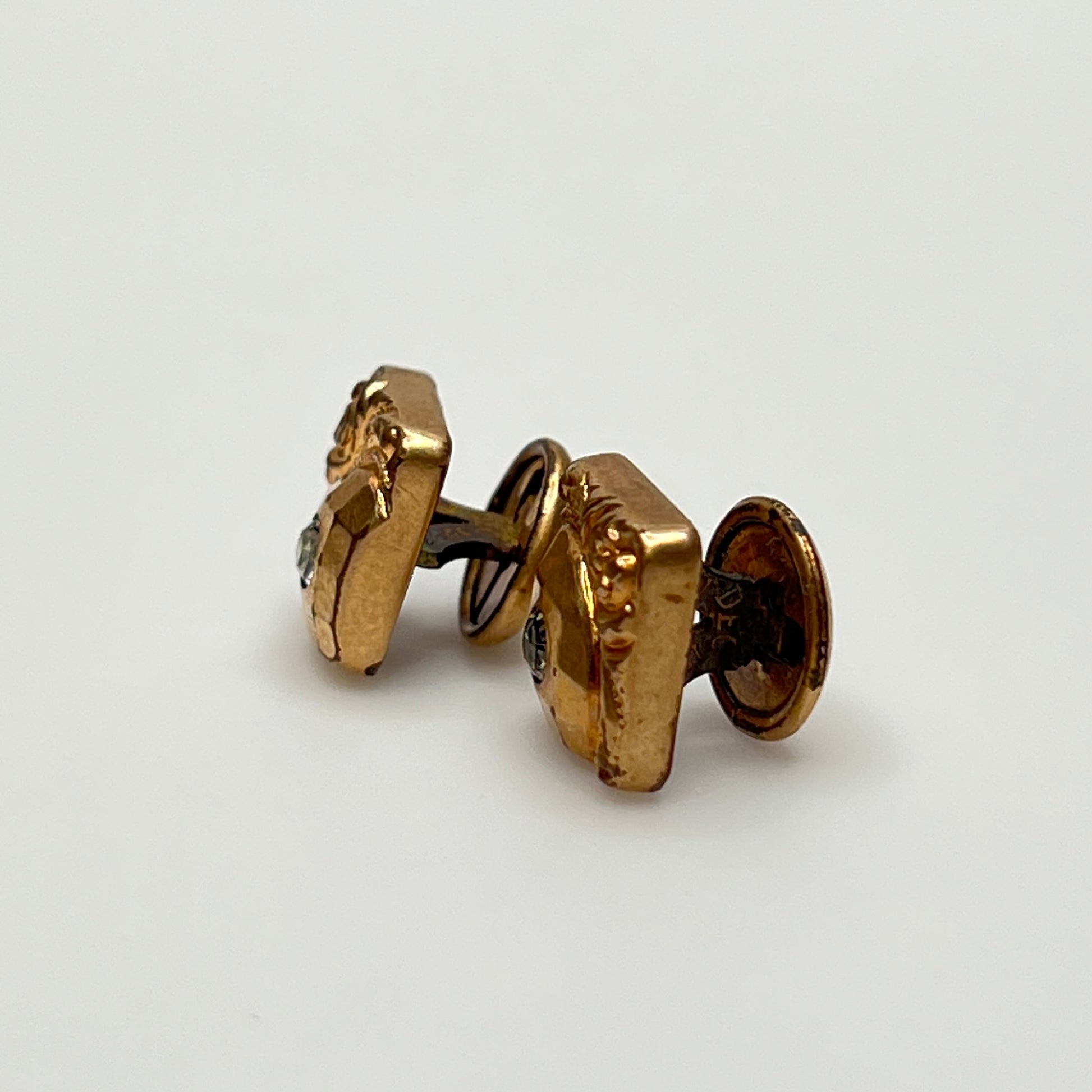 Antique rose gold-tone cufflinks with paste stone and scrollwork, stamped Pat Dec 1883