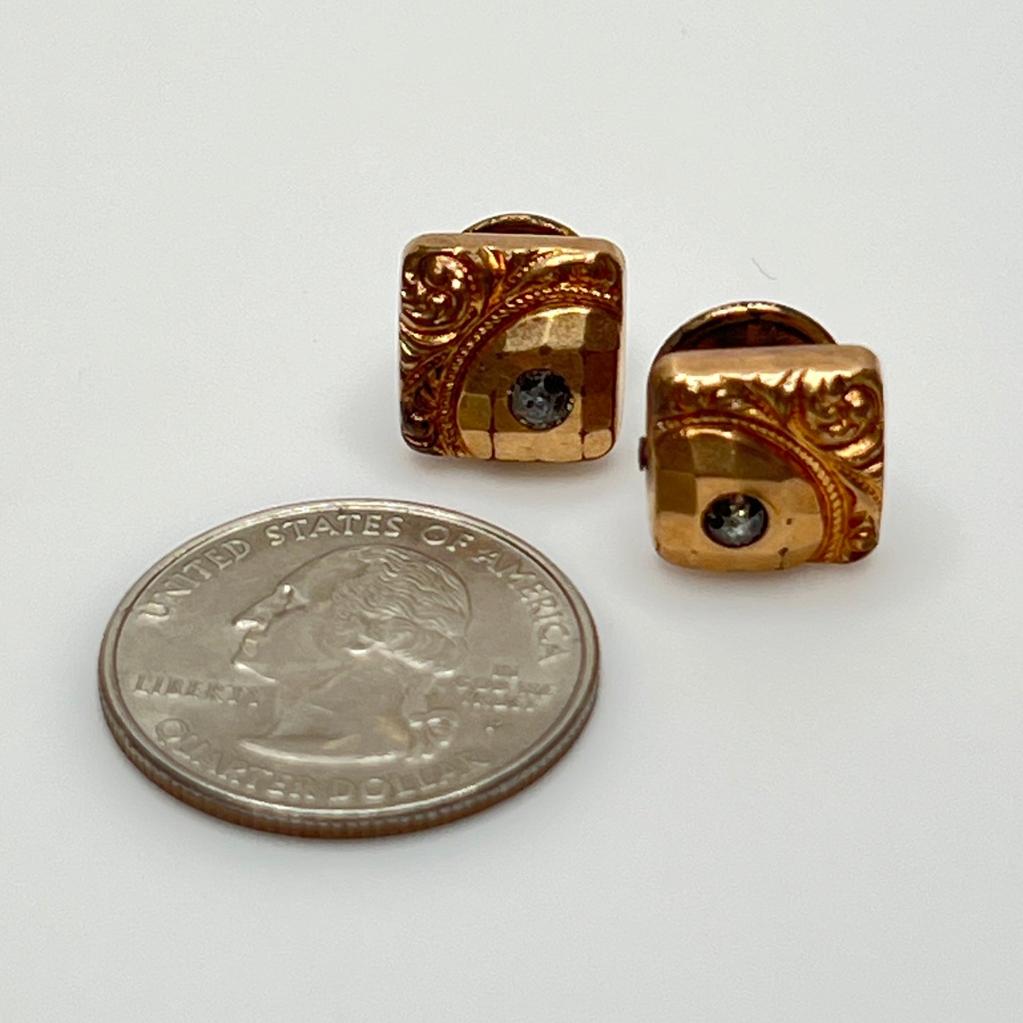 Antique rose gold-tone cufflinks with paste stone and scrollwork, stamped Pat Dec 1883