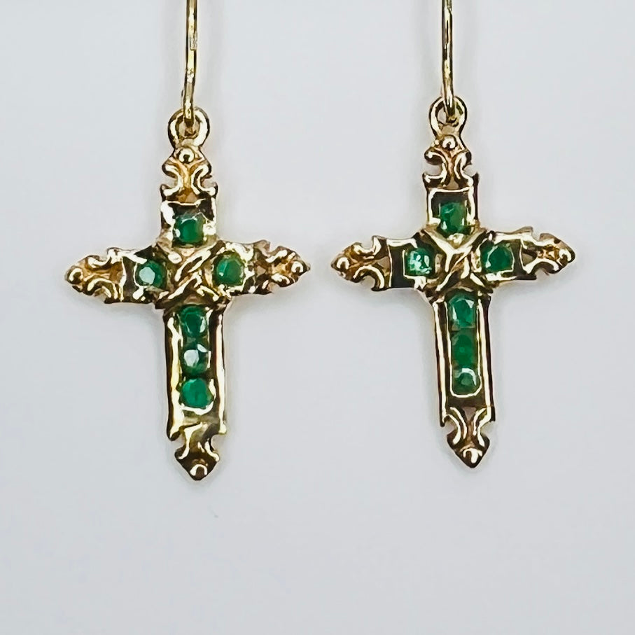 Vintage gold emerald cross dangle earrings
