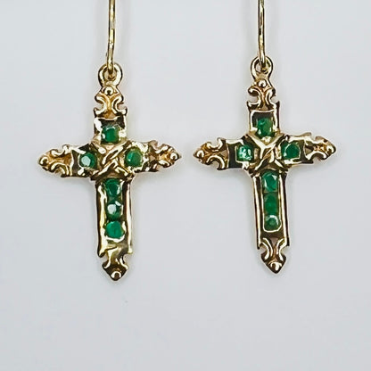 Vintage gold emerald cross dangle earrings