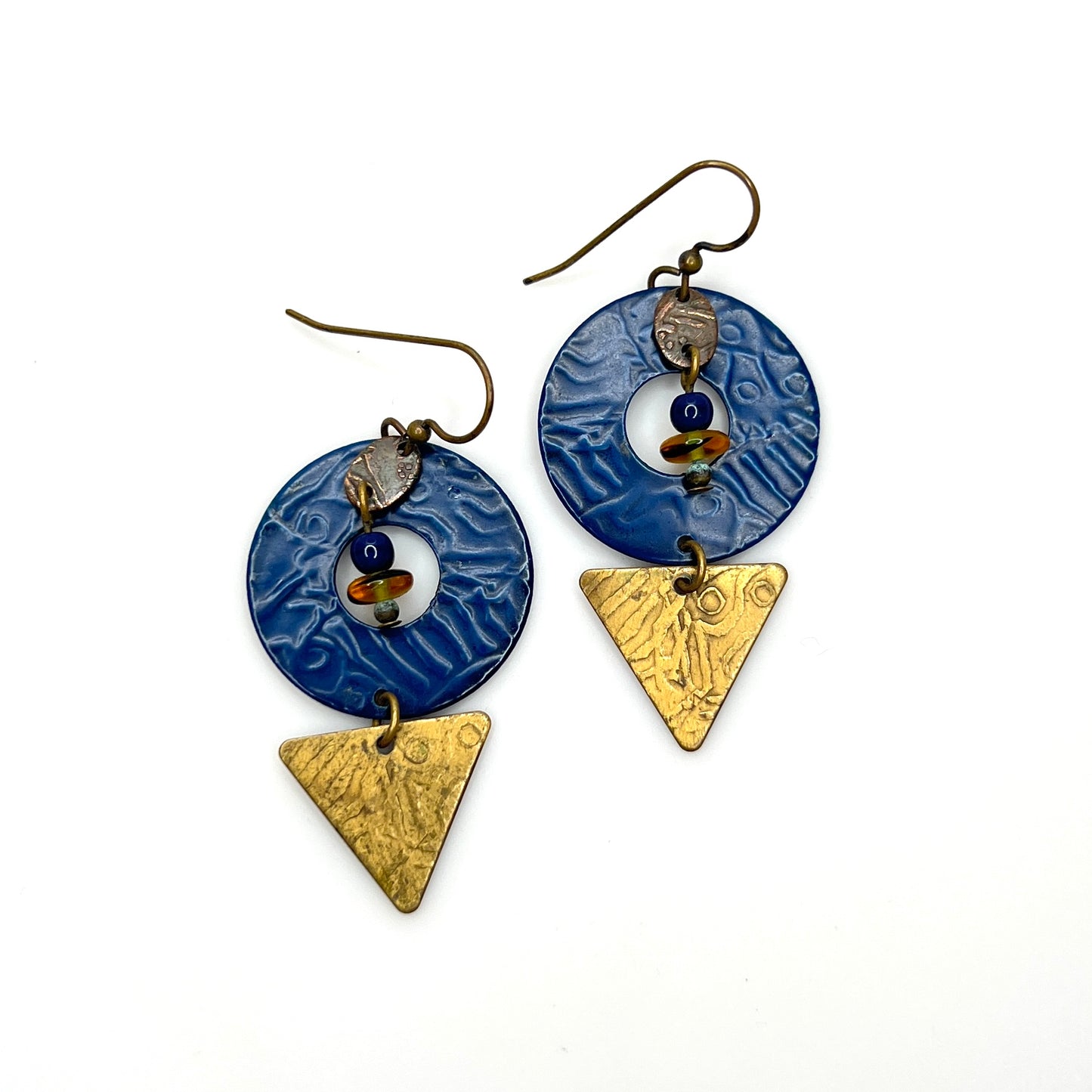 Vintage geometric dangle earrings with blue enamel discs and brass triangle drops