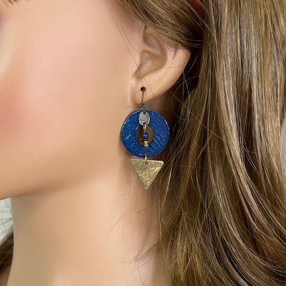 Model wearing vintage blue enamel and brass artisan geometric earrings