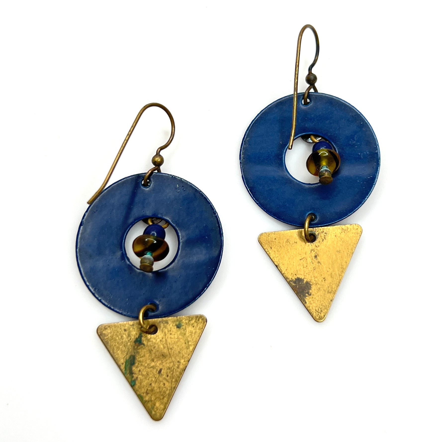 Back view of vintage blue enamel and brass artisan earrings