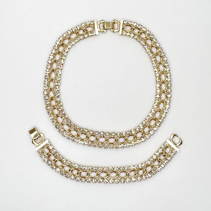 Vintage gold tone rhinestone choker necklace and bracelet set with prong-set clear crystals