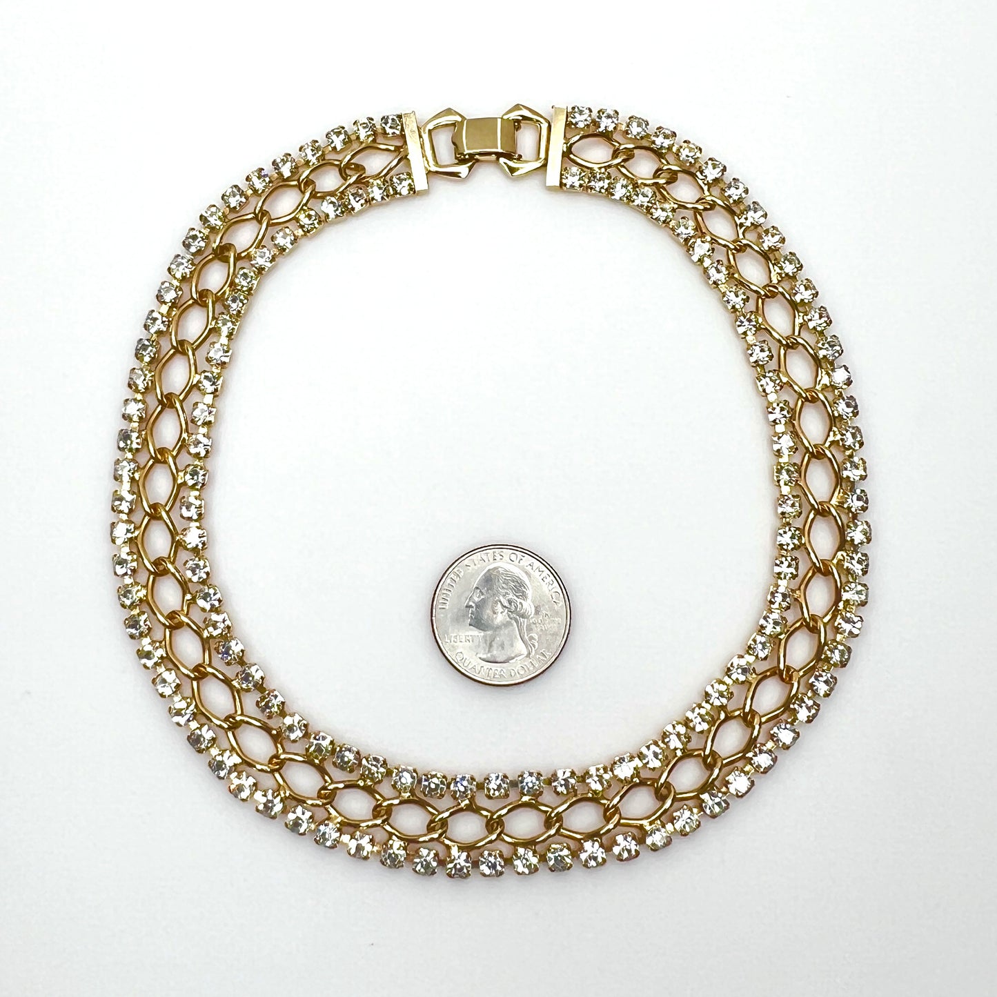 Vintage matching rhinestone choker and bracelet set with gold openwork links