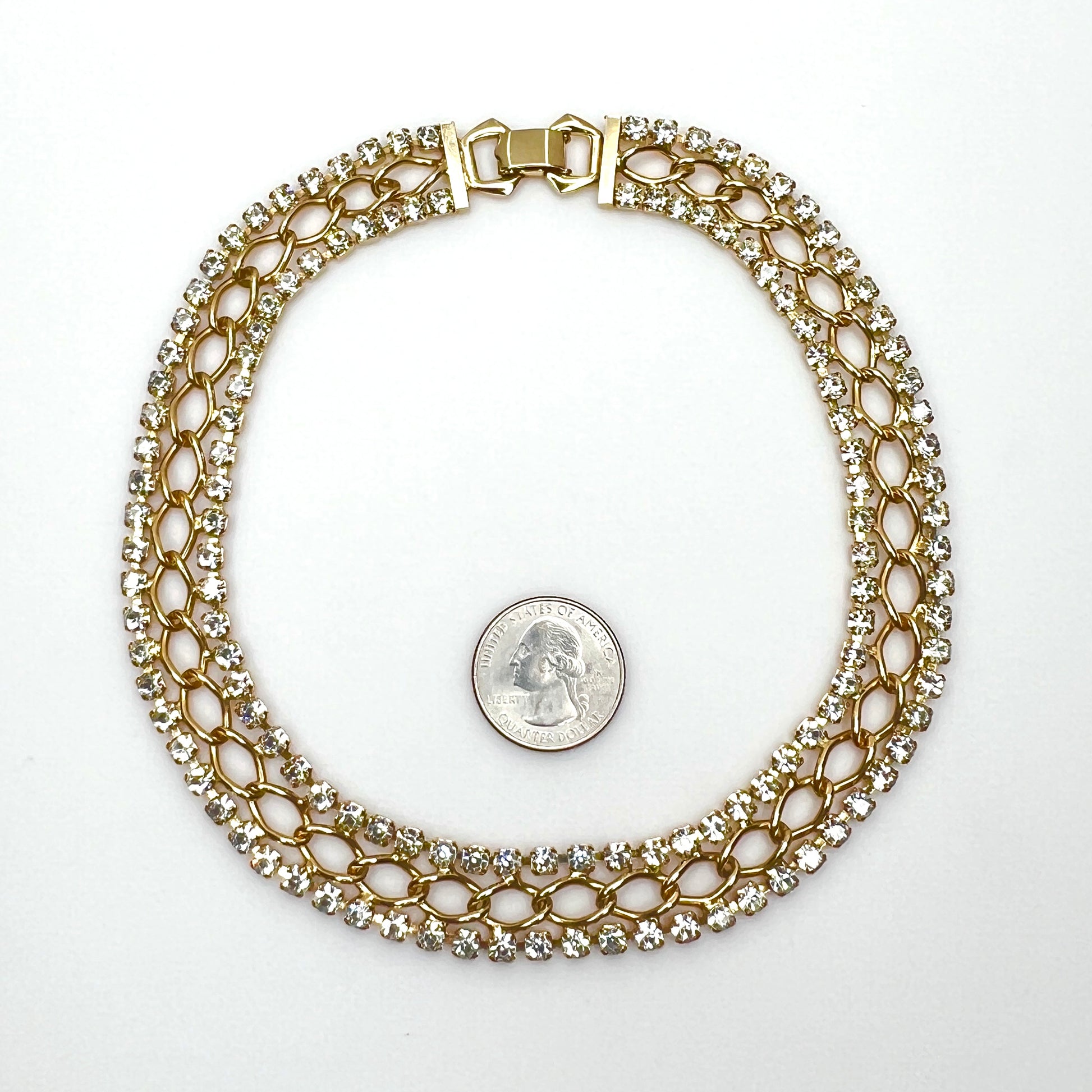Vintage matching rhinestone choker and bracelet set with gold openwork links