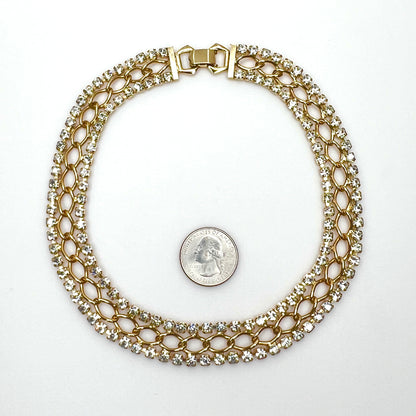 Vintage matching rhinestone choker and bracelet set with gold openwork links