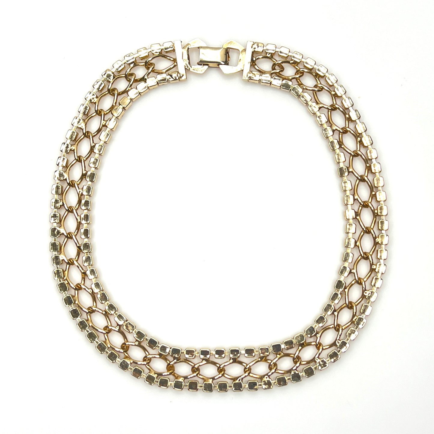 Back view Vintage matching rhinestone choker and bracelet set with gold openwork links