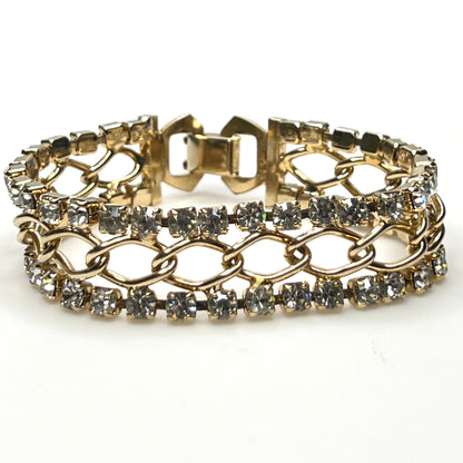 Vintage gold tone rhinestone bracelet with double-row crystal design