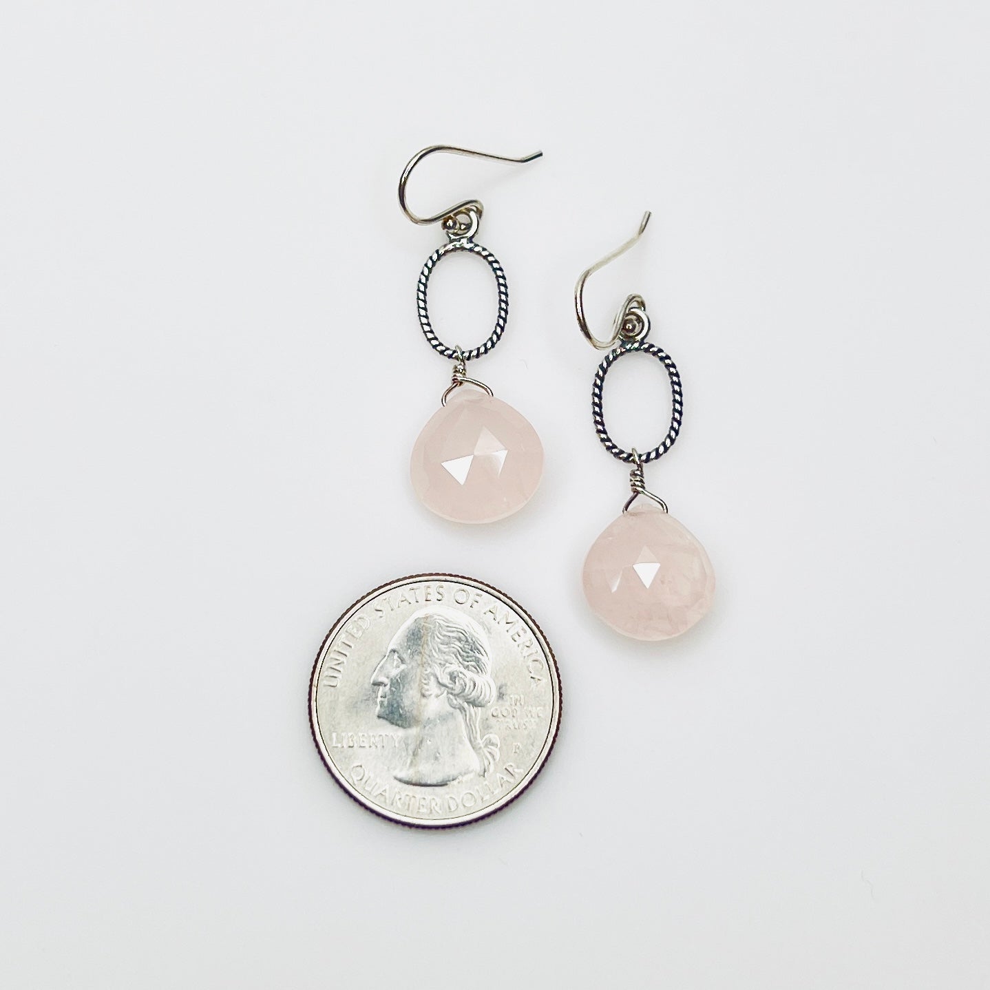 Pale pink rose quartz earrings with silver oval links