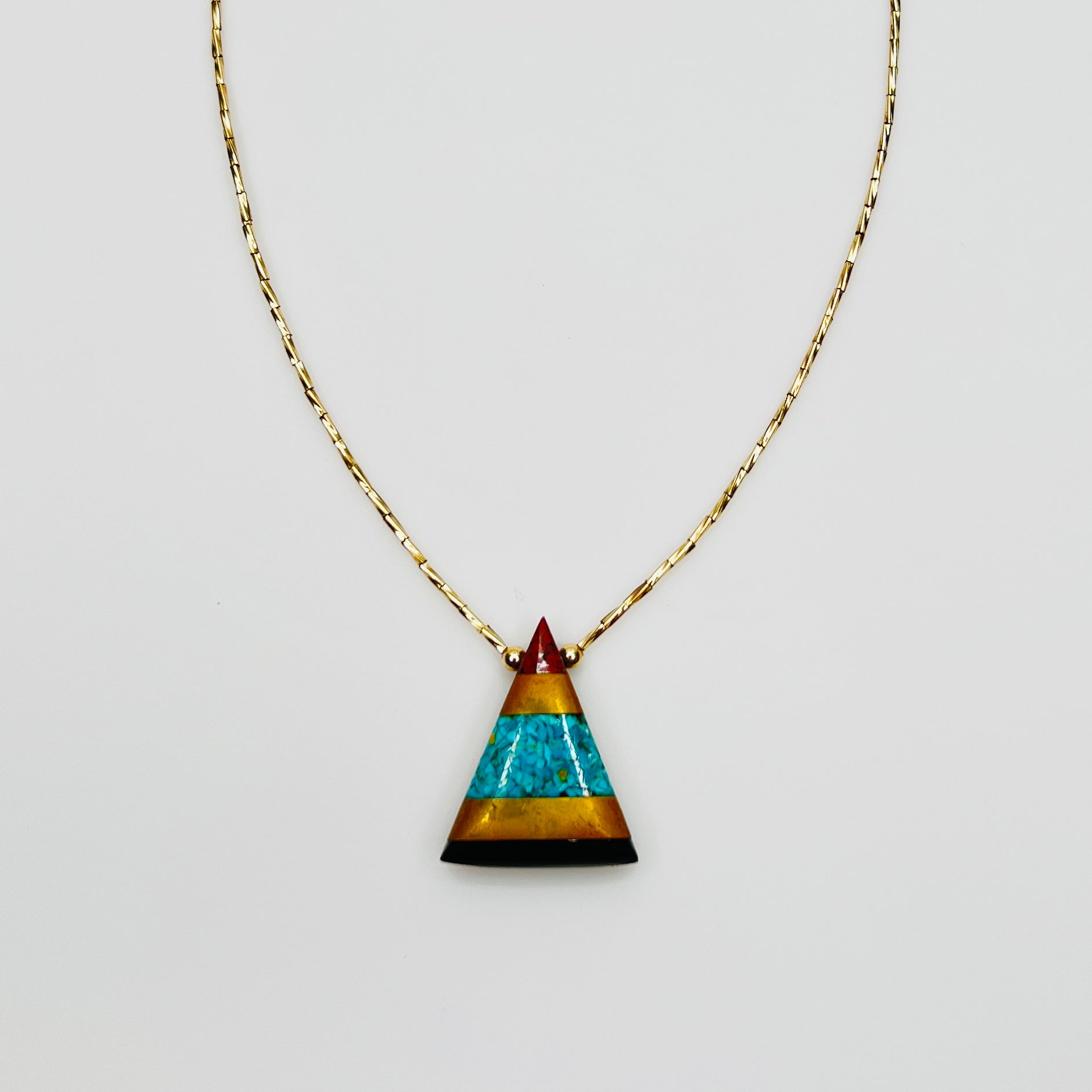 Turquoise inlay triangle pendant necklace gold vermeil beads