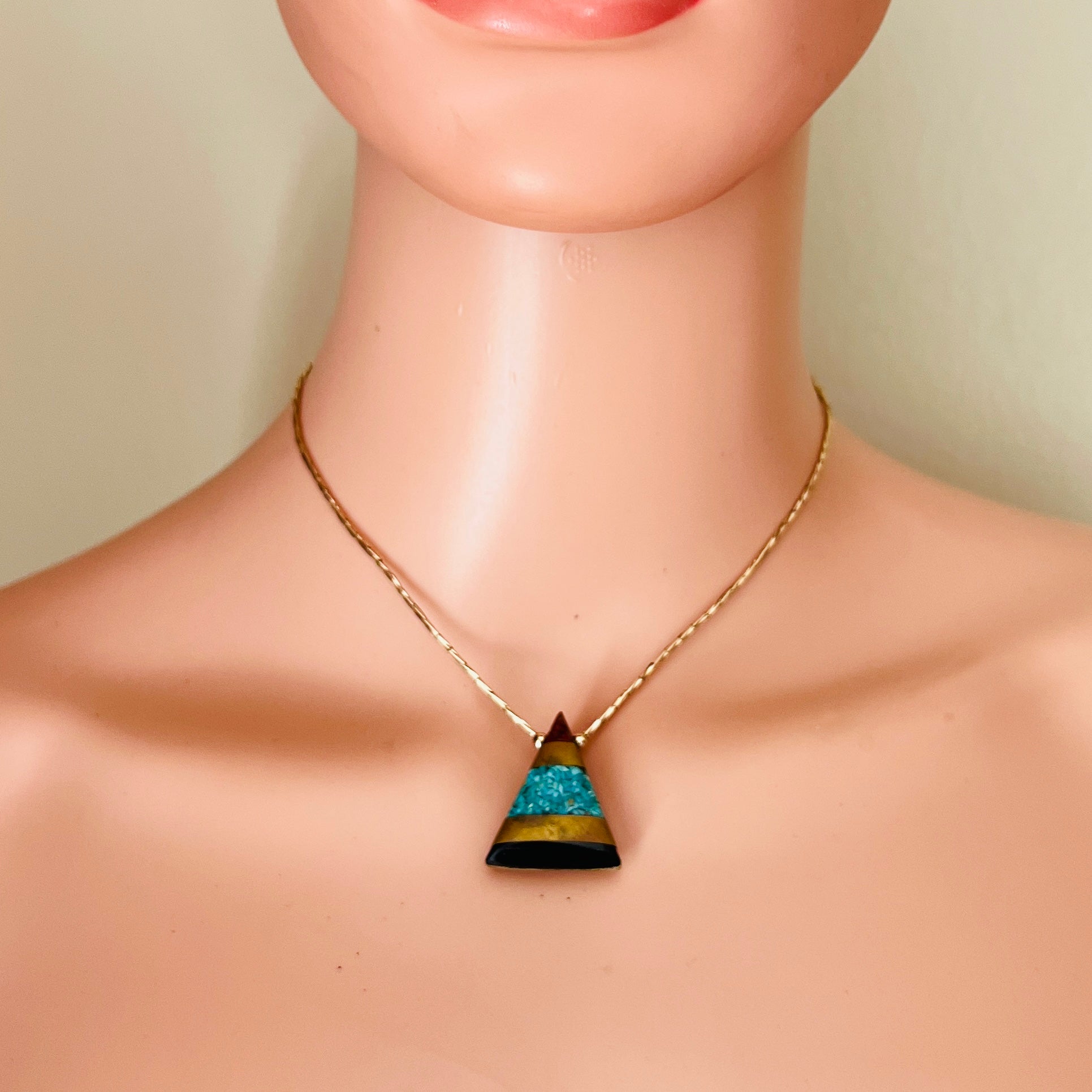 Vintage turquoise triangle necklace worn choker length