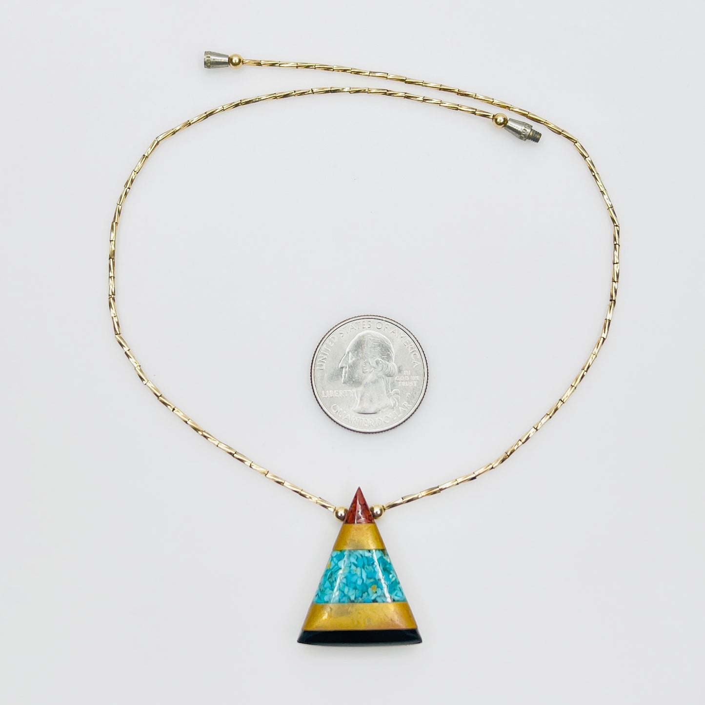 Turquoise inlay triangle pendant necklace gold vermeil beads