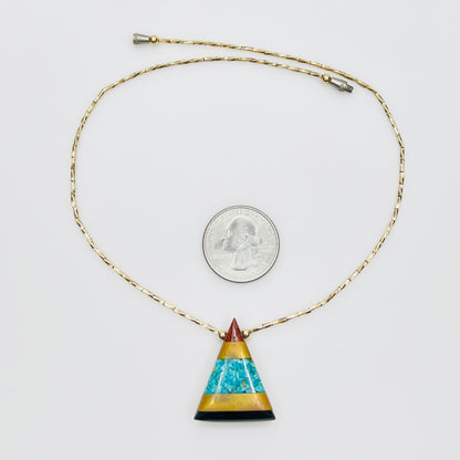 Turquoise inlay triangle pendant necklace gold vermeil beads