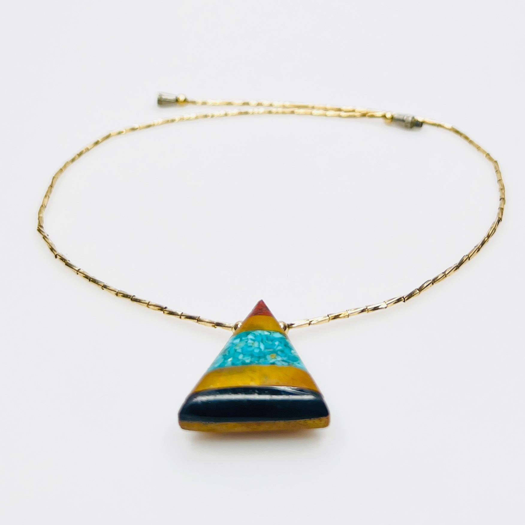 Turquoise inlay triangle pendant necklace gold vermeil beads