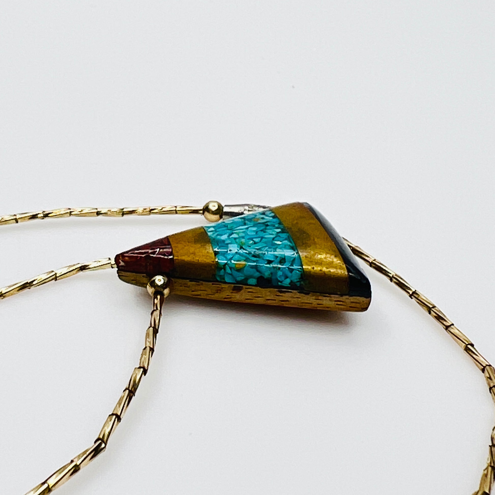 Turquoise inlay triangle pendant necklace gold vermeil beads