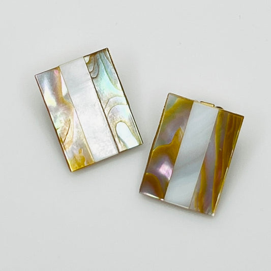 Rectangular abalone and mother of pearl vintage clip-on earrings