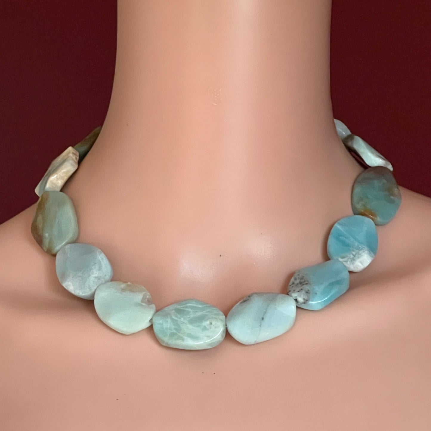 Vintage amazonite bead necklace with faceted oval stones and toggle clasp